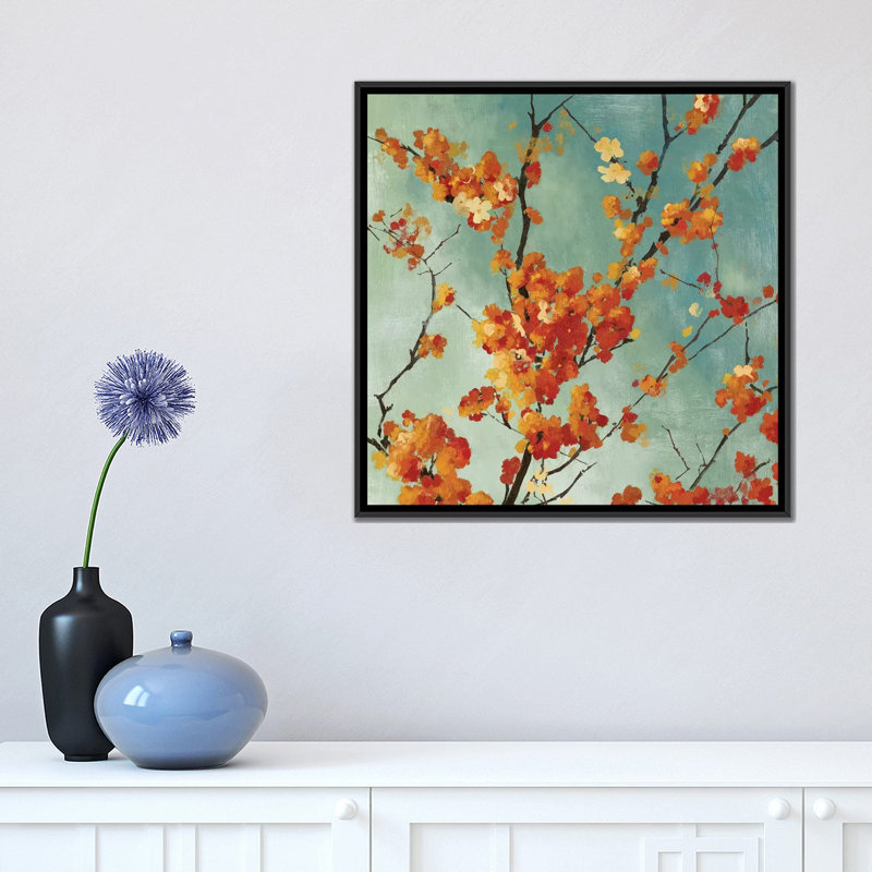 « orange fleurs i », reproduction sur toile, H 18 po x l 18 po x P 1,5 po, Toile avec cadre noir, Pas de tapis