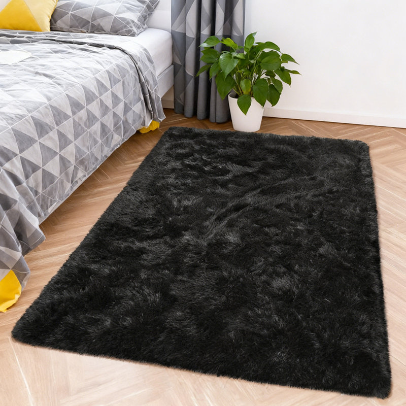 Soft Fluffy Black Faux Sheepskin Area Rug, Rectangle 3' x 5'