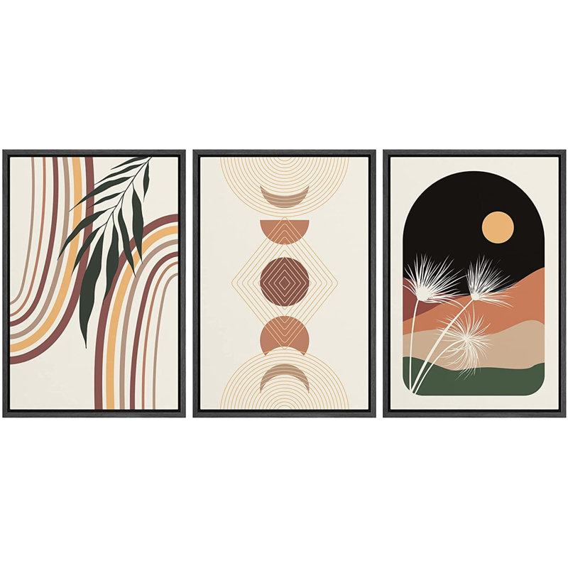 «Mid Century Modern Boho Geometric Crescent Moon Desert», ensemble de 3 impressions sur toile flottante, Noir