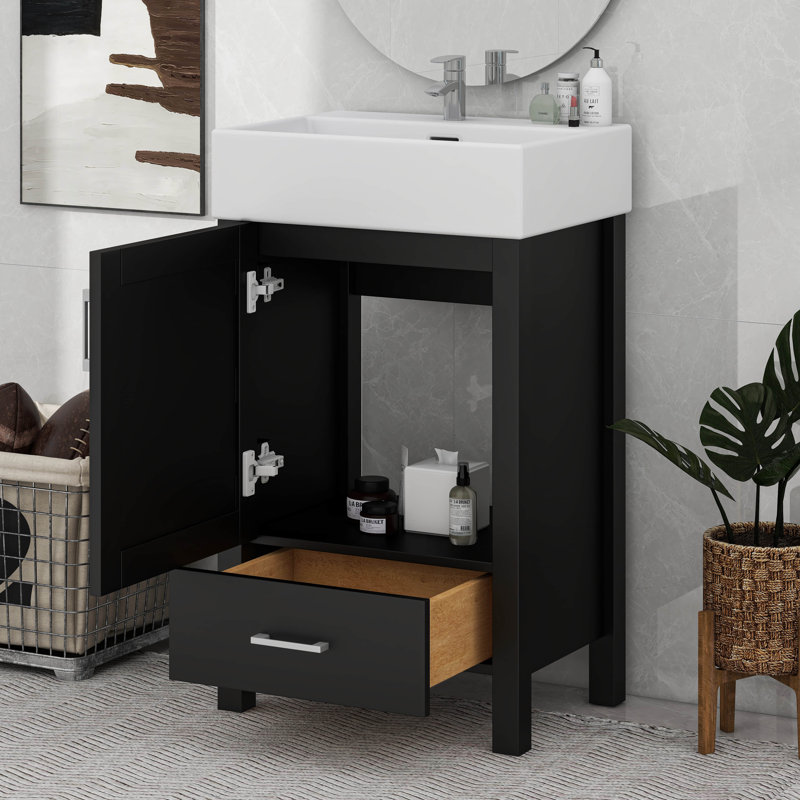 Modern Bathroom Vanity With Ceramic Sink, Drawer, Black