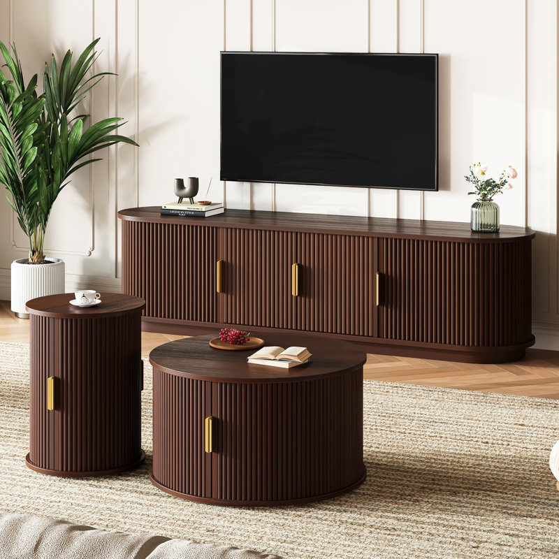 Ensemble de salon 3 pièces avec meuble télé et table basse, Noyer