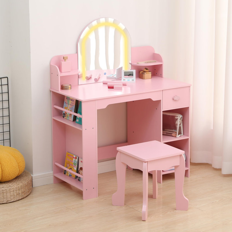 Kids Vanity with Lighted Mirror, 2 in 1 Little Vanity Table & Stool, Kids Makeup with Bookshelf, Drawer & Open Shelves for 3-9 Yrs