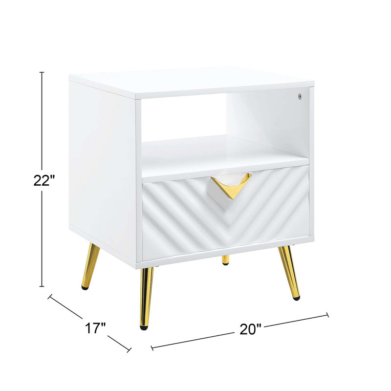 Table de bout avec 1 tiroir de rangement et pieds en métal, blanc brillant