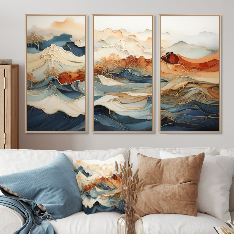 Abstrait orange et bleu, rivière bleue, encre III, ensemble d'art sur toile marbrée, H 32 po x l 48 po x P 1 po