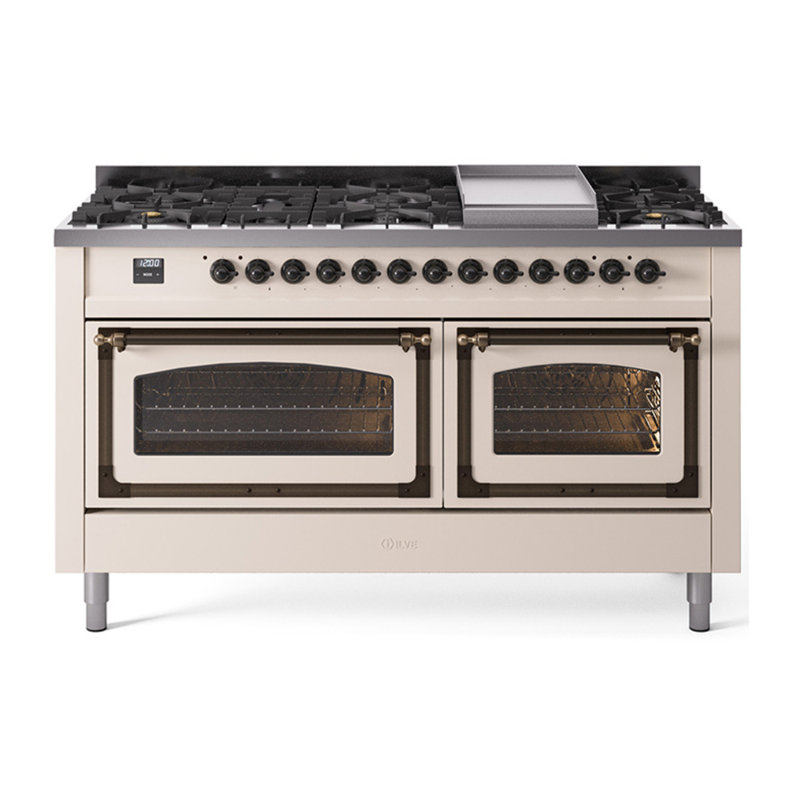 ILVE Nostalgie II Noblesse 60 in Dual Fuel Range, 9 Burner, Griddle, Natural Gas, Antique White/Burnished