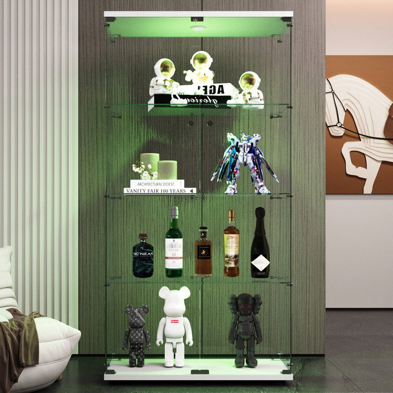 Vitrine à deux portes en verre avec 4 tablettes - lumières DEL pour le salon, la chambre à coucher, mezzanine 64,7 po x 31,7 po x 14,3 po, cadre blanc trempé et stable pour couloir