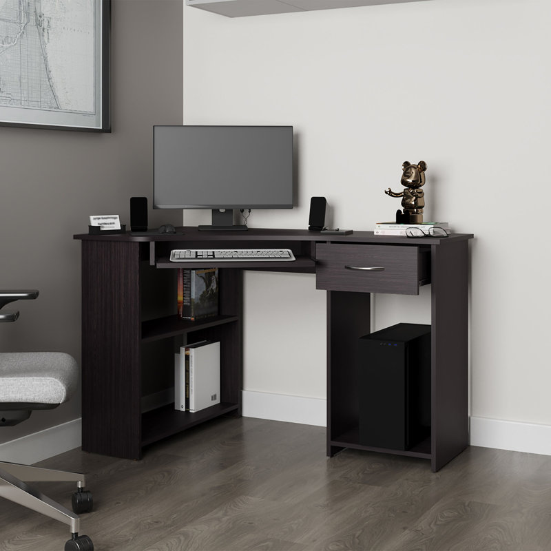 Bureau d'ordinateur d'angle en W avec tiroir et tablette Wenge