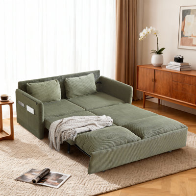 65" Convertible Sofa Bed Loveseat Chaise Lounge 3-In-1 Corduroy Full Size Pull Out Sleeper Couch With Side Pocket & Pillows