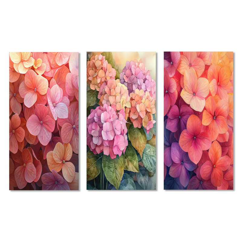 Hydrangeas in the Sunset Glow I - Hortensia rose, ensemble de 3 reproductions d'art murales, H 32 po x l 48 po
