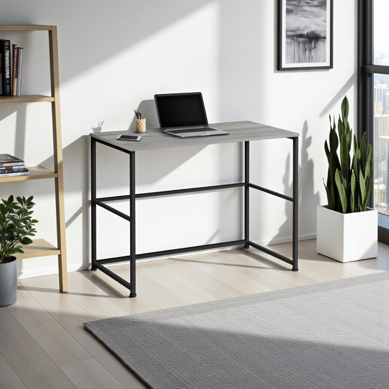 Candace Gray Wood-Look Finish Computer Desk with Black Metal Leg, 29.81" H X 39.88" W X 18.84" D, Gray