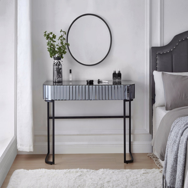 Table de coiffeuse à maquillage de 39 po avec base en acier inoxydable, coiffeuse à miroir avec 2 tiroirs, bureau et bureau polyvalents, gris, pour la chambre à coucher