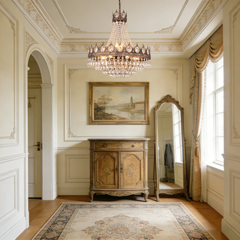 Lustre 9 lumières de style campagne antique, Bronze, 2 niveaux, Non