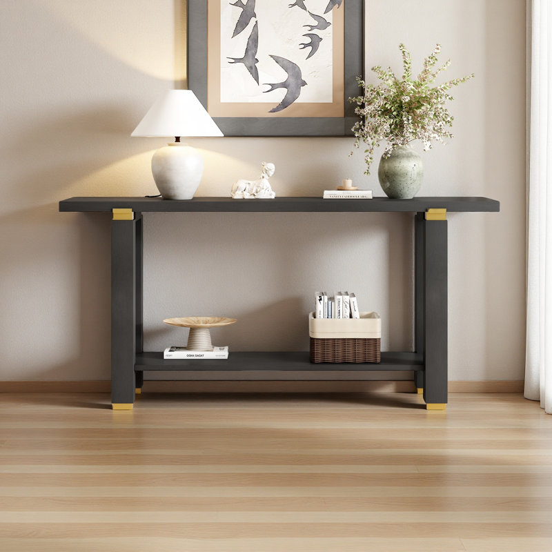 Console de 62,9 po de style minimaliste moderne, canapé d'entrée en bois massif avec détails en métal, tablette intégrée, pour le salon, le couloir