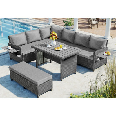Ensemble de canapé de patio extérieur en rotin 5 pièces Tomax, ensemble de mobilier de jardin en forme de L en osier avec 2 tables d'appoint extensibles, table de salle à manger et housses lavables pour la cour, la piscine et l'intérieur