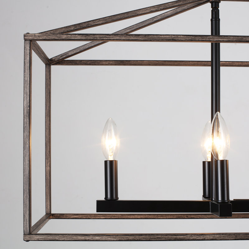 Entrekin 7 - Light Dimmable Kitchen Island Square / Rectangle Chandelie, Black/Wood, 7 Lights