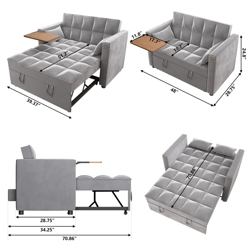 Upholstered 48'' Reclining Sleeper Sofa, Gray Velvet