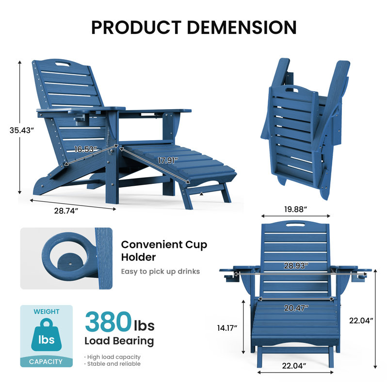 Firepit Chairs Wood Texture Foldable Adirondack Chair With Ottoman, Blue