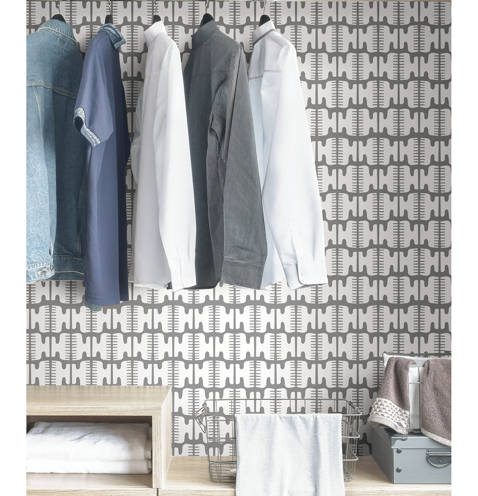 Elliott Mid-Century Peel & Stick Geometric Wallpaper, Gray/White