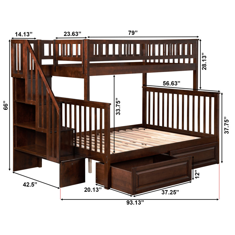 Hartlep Solid Wood Standard Staircase Bunk Bed with Storage Drawers, Walnut, Twin over Full