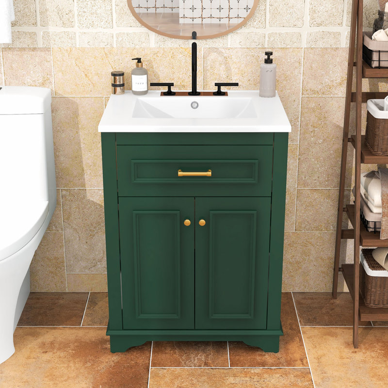 Meuble-lavabo de salle de bain avec lavabo, 2 portes à fermeture en douceur et tiroir basculant, Vert