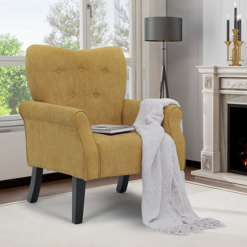 Fauteuil capitonné en lin et coton de 27,5 po de style Mid-Century avec support à ressorts, Jaune
