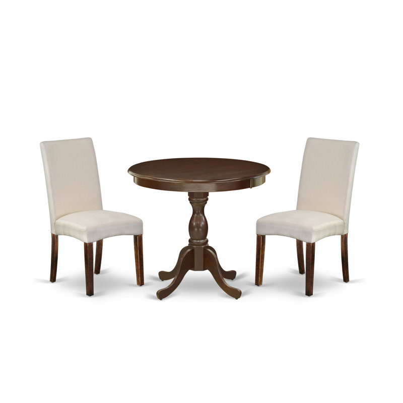 L'ensemble de table de salle à manger 3 pièces comprend 1 table en bois et 2 chaises rembourrées en lin crème avec dossier haut - finition acajou