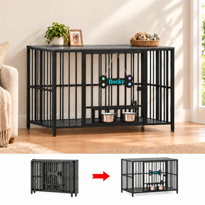 Mobilier pour grande cage pour chien pliable, cage pour chien sans assemblage avec bols réglables et étiquette pour petits, moyens et grands chiens