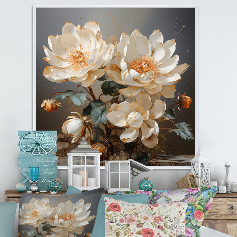 Lotus doré sur fond de tranquillité sur toile, Cadre flottant blanc, H 30 po x l 30 po x P 1 po