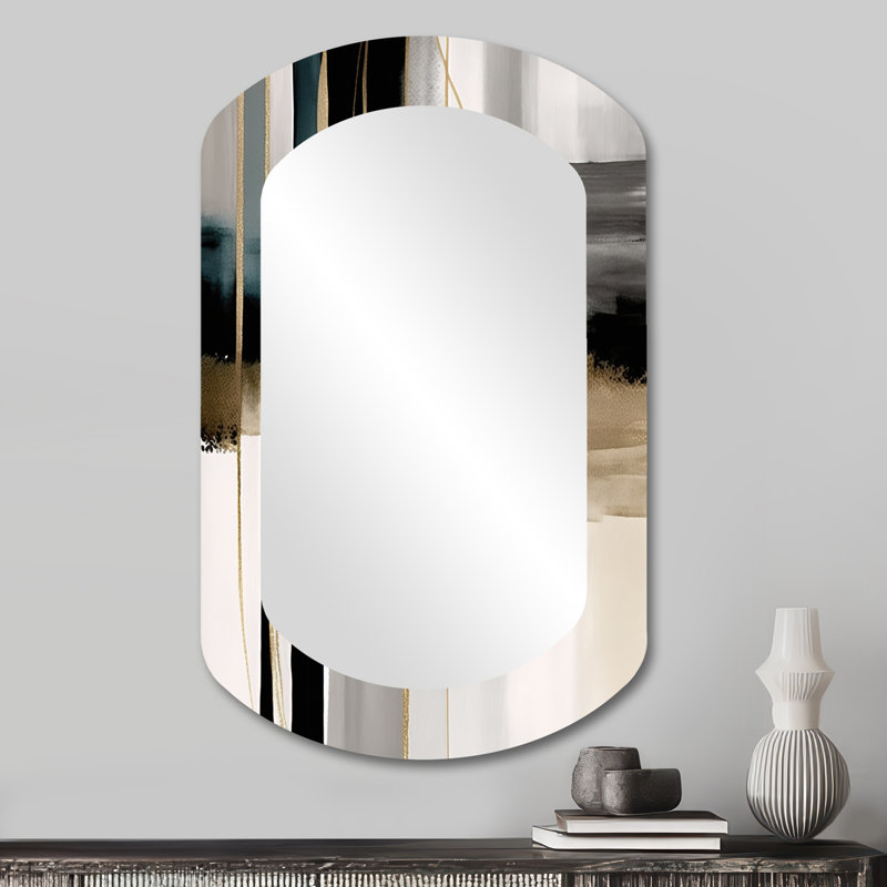 Dominga Abstract Geode Geometric Black And Gold III - Geometric Asymmetrical Decorative Wall Mirror, Modern Cylinder Mirror, Printed Metal Art