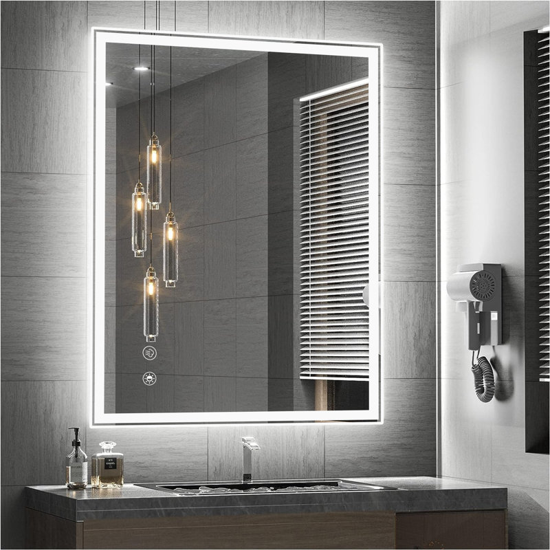 Miroirs de salle de bain à DEL sans cadre Ikeria avec antibuée, lumières à intensité variable et incassable, 32 po x 24 po