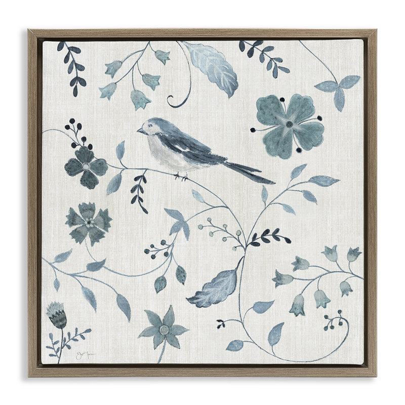 Oiseau avec motifs botaniques, H 18 po x l 18 po, Cadre flottant orme Montalcino