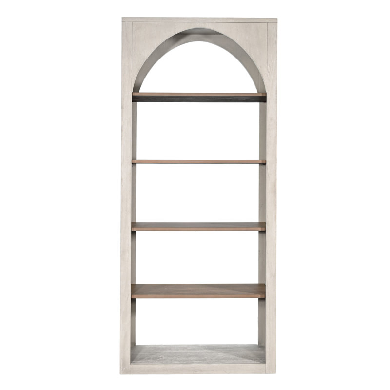 Tall Arched Wood Bookshelf with Open Shelving, Light Gray/Wheat