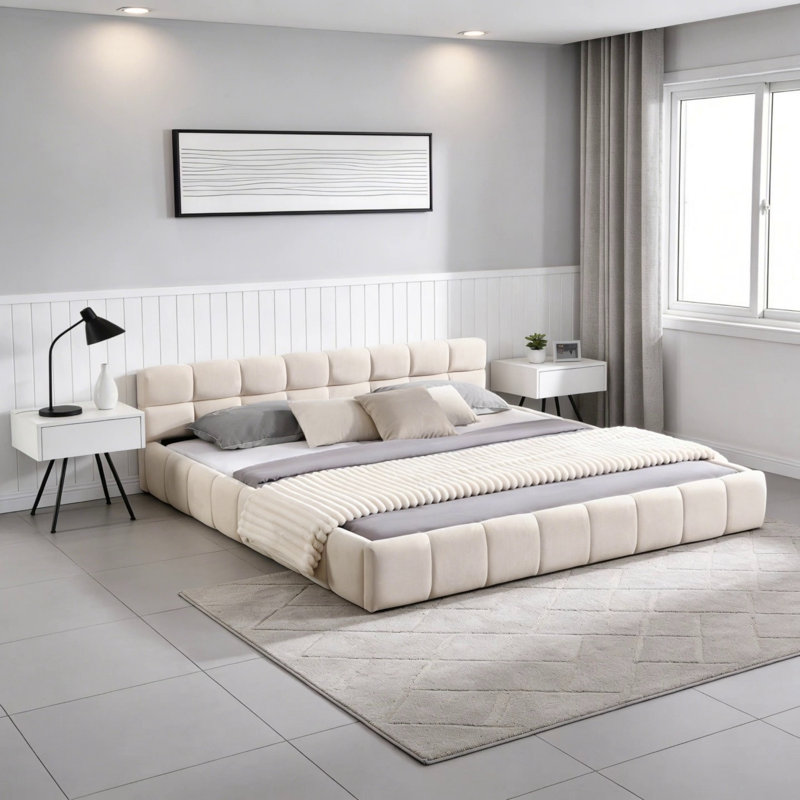 Lit tapissier élégant en chenille beige avec motif damier
