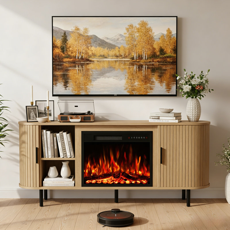65" Fireplace TV Stand with Sliding Doors, Modern Fluted Media Console, Oak