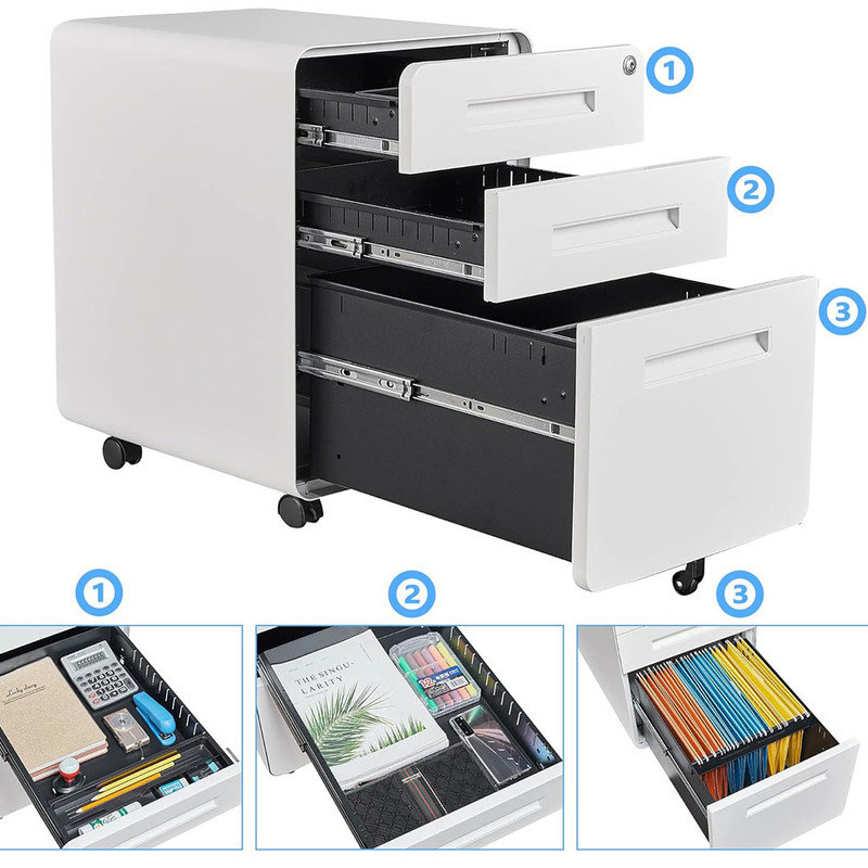 Sturdy Filing Cabinets with 3 Drawer for Home Office, with Lock Mobile Cabinet (White)