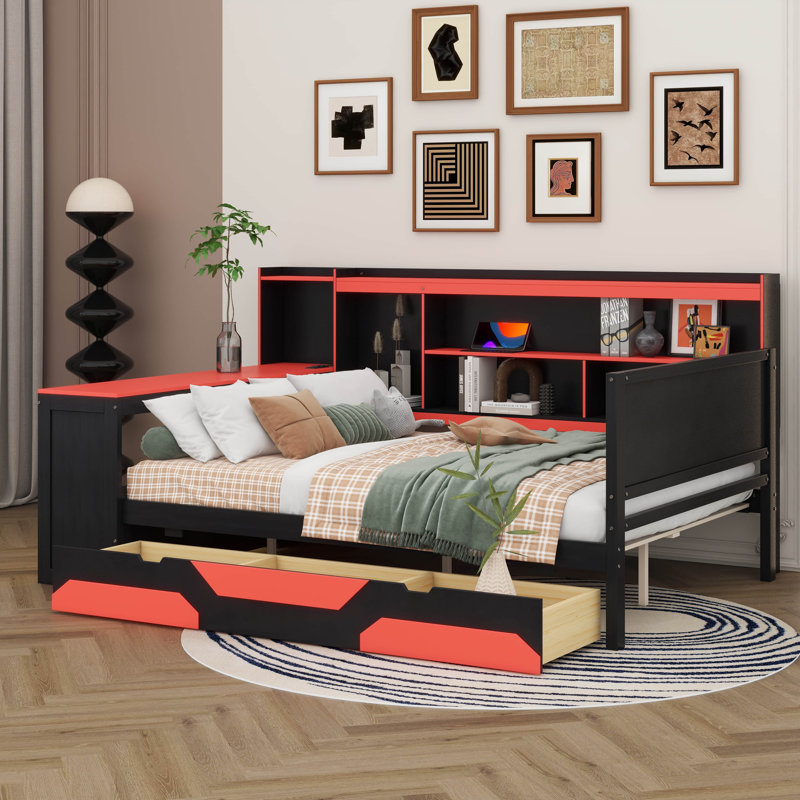Lit de jour Ultimate Gaming avec bureau intégré, lumières DEL et rangement - Base de lit poste de travail moderne avec station de charge et tête de lit organisée