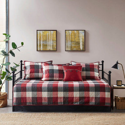 Twin Size Daybed Cover In Red - 6 Pieces, Reversible Plaid, With Cotton Filling For Longevity, Includes , Shams, And Decorative Pillow, Lodge Style Bedroom 6 Plaid Solid, Fill A Superior Experience,