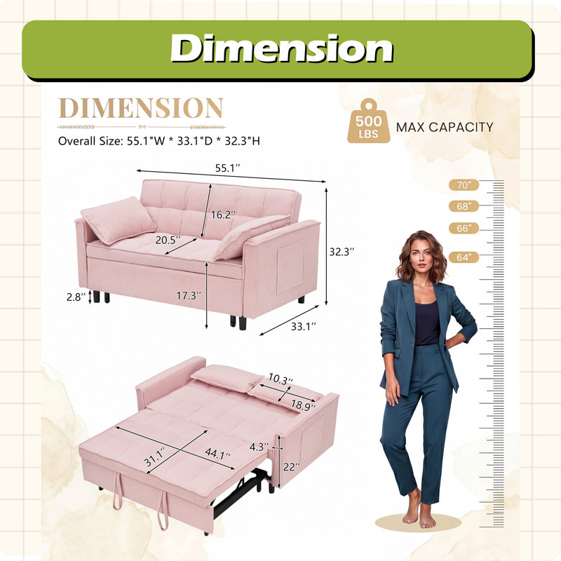 Canapé-lit modulaire 54,30 po Corduroy, Pink Corduroy