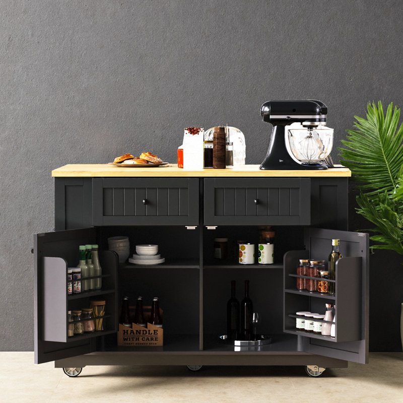 Crushed-Diamond Edge, Drop-Leaf Breakfast Bar, Built-In 3-AC/2-USB Power, Bamboo Spice Racks, 5 Hidden Wheels, 440 lb Top