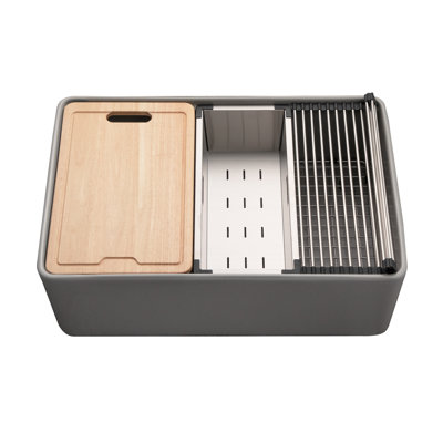 Poste de travail simple à tablier frontal en argile réfractaire 30 po avec accessoires Houzer