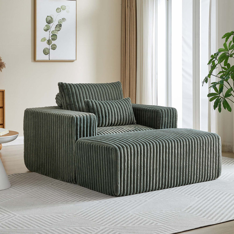 Méridienne en velours côtelé 62,5 pouces avec repose-pieds amovible, aucun assemblage requis, Vert d’armée