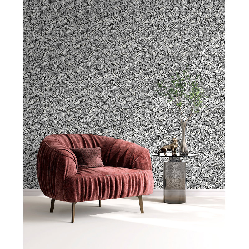  Papier peint non tissé à motif floral Alejandra Designs, Ivoire/noir