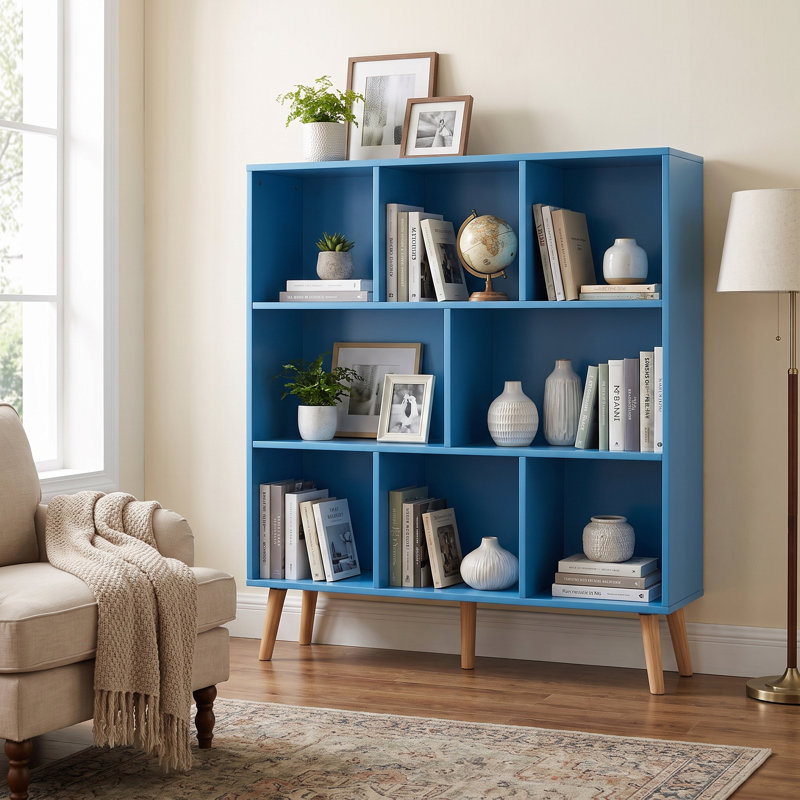 Jaen Solid and Manufactured Wood Cube Bookcase, (8 Shelves) 42.5" H x 47.2" W x 9.4" D, Blue