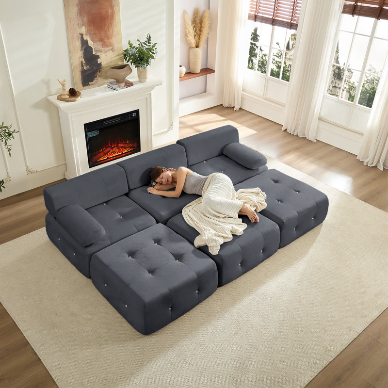 Canapé modulaire velours capitonné modulaire, gris foncé, Gris foncé