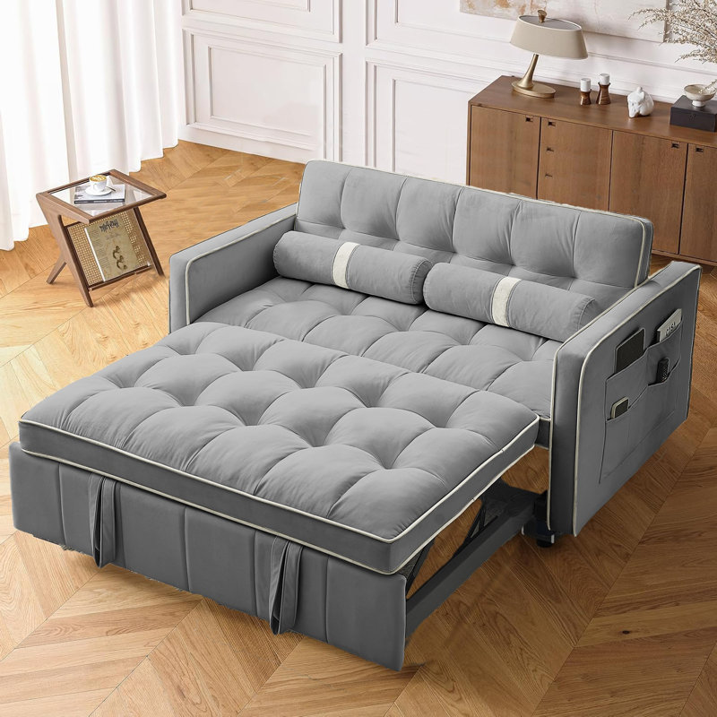 Canapé-lit double de 55 po, canapé-lit escamotable en velours avec dossier et coussins réglables pour le salon, Grey