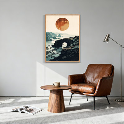 Vintage Coastal Rock Arch and Large Rusty Orange Sun Canvas Wall Art