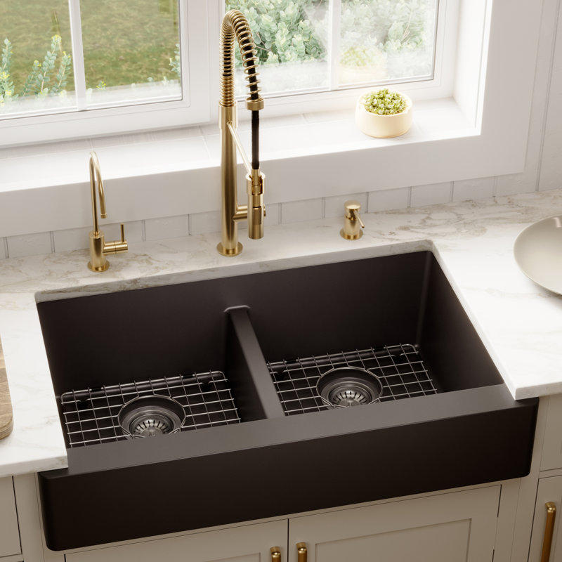 Karran Quartz 34'' X 21-1/4'' Double Bowl 50/50 Retrofit Farmhouse/Apron Front Kitchen Sink Kit, Black