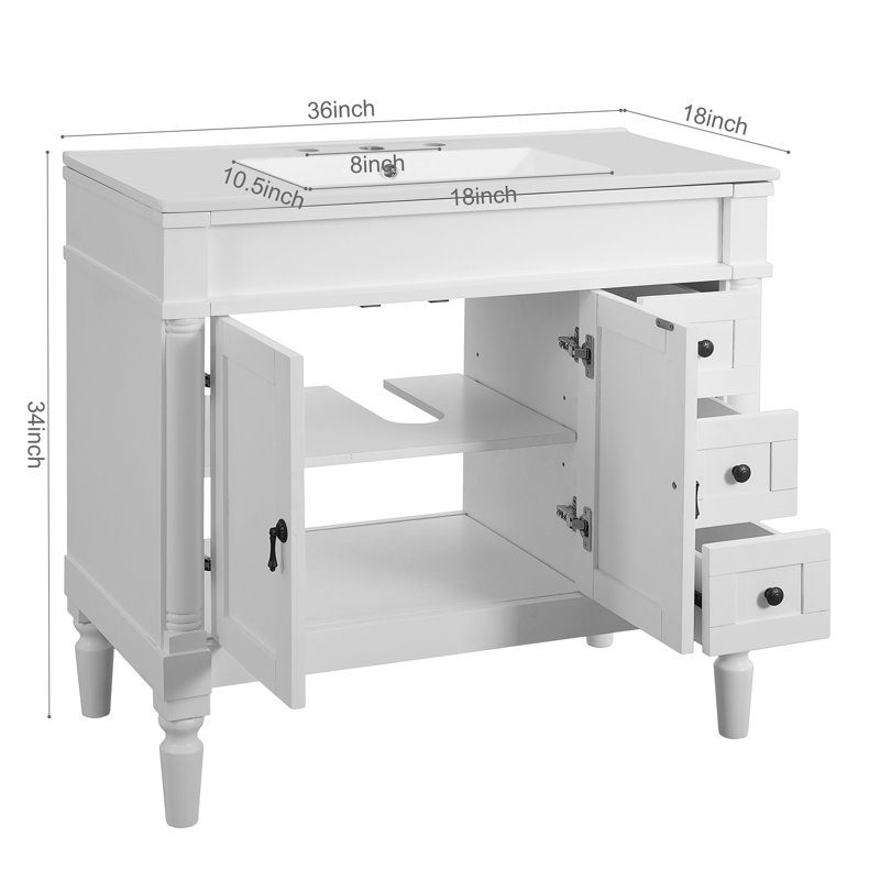 Meuble-lavabo autoportant blanc 36 po avec lavabo en céramique, portes à fermeture en douceur, tiroirs et tablette réglable pour salle de bain et airbnb