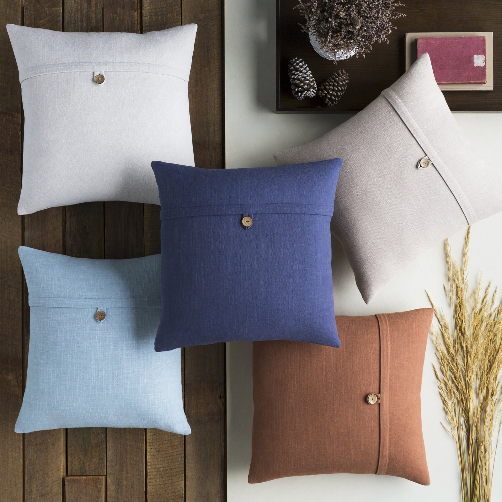 Leigh Buttons Cotton Throw Pillow, 18" x 18", Brown, Polyester