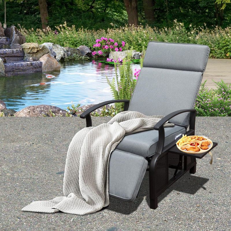 Adjustable Patio Recliner Chair Metal Outdoor Lounge Chair With Flip Table Push Back, Adjustable Angle, Removable Cushions, Support 350Lbs,Gray